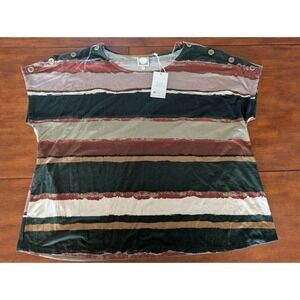 Tru Self Womens 3X Striped Short Sleeve Pullover Shirt Blue Multi‎ Button Accent